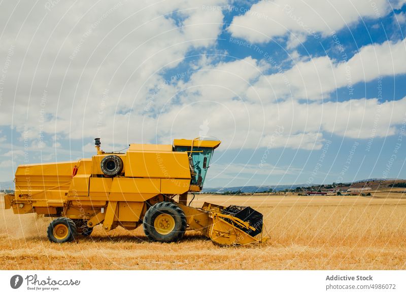 Mähdrescher bei der Arbeit in einem Getreidefeld Ackerbau Gerste Müsli Landschaft Schmutz Umwelt Gerät Bauernhof Feld Korn Ernte industriell im Freien mähen