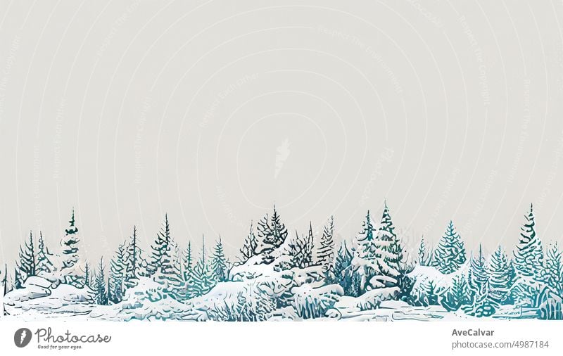 Weihnachten schneebedeckten Winterwald Landschaft mit Kopie Raum. Weihnachtsbaum. Hintergrund, Konzept für Gruß oder Postkarte.Winter-Grußkarte Flugblatt Header Weihnachtsdekoration Hintergrund