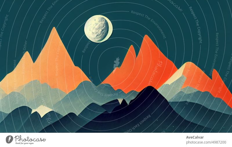 Plakatvorlage mit wilder Berglandschaft. Design-Element für Banner, Flyer, Karte. Digitale künstlerische Illustration. geometrische Form, Natur Tourismus Landschaft Hintergrund, Reisen Berge Abenteuer