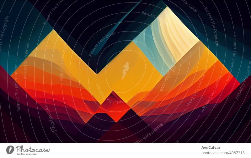 Plakatvorlage mit wilder Berglandschaft. Design-Element für Banner, Flyer, Karte. Digitale künstlerische Illustration. geometrische Form, Natur Tourismus Landschaft Hintergrund, Reisen Berge Abenteuer