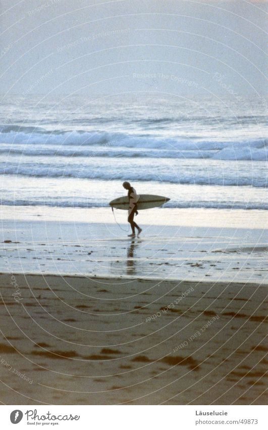 going home Sommer Surfer Atlantik Frankreich Meer Strand nass dunkel Wellen Abend laufen Wasser Holzbrett Sand