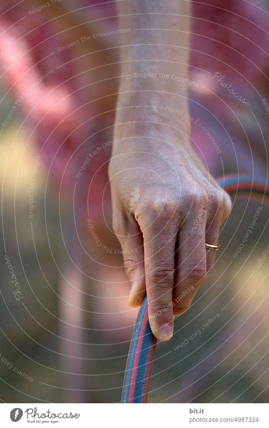 naturverbunden l Frauenhand beim Garten gießen, mit Wasserschlauch. Hand Junge Frau Ring Ehering Ehefrau Hausfrau Mensch Finger Schlauch Gartenschlauch Sommer