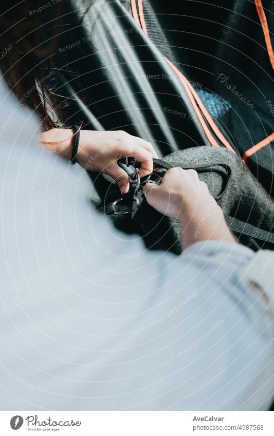 Nahaufnahme der Hände, die den Sicherheitsgurt des Hundes nach einem Spaziergang anlegen. Sicherheit während des Transports Auto Automobil Träger Komfort Freund