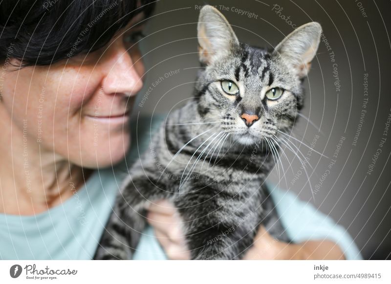 wild thing Innenaufnahme Farbfoto Nahaufnahme Tierliebe Katze Frau Frau mit Katze Blickkontakt Blick in die Kamera Lächeln Portrait Auf dem Arm Nähe Liebe