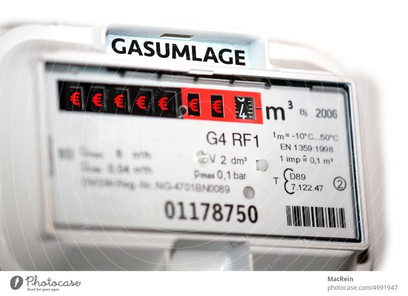 Gaszähler Gasumlage Erdgas: Energieverbrauch Verbrauch Verbrauchszähler Zählerstand Haushalt Brennstoff Brennstoffe Energiequelle Energieversorgung fossile