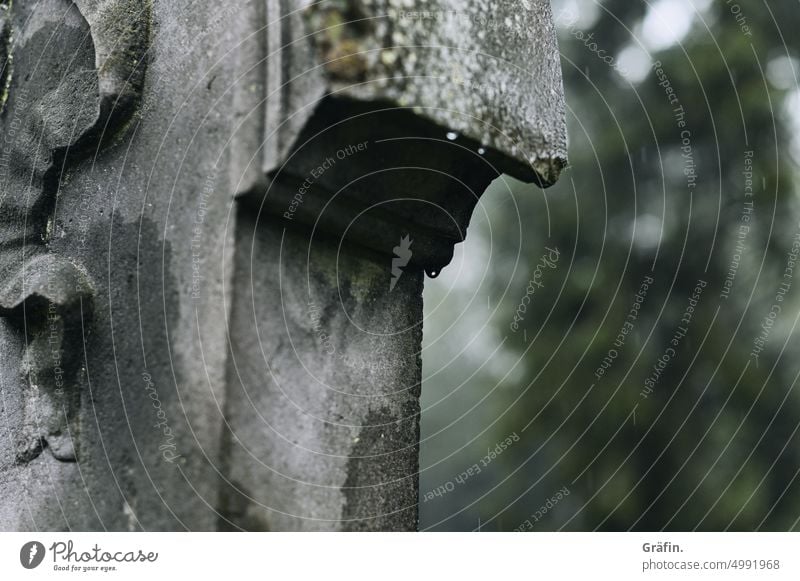 [HH - Unnamed Road] Grabesstille - Regentropfen sammeln sich auf Grabstein Friedhof regnerisch Wasser Tropfen Herbst Hintergrund Wetter schlechtes Wetter