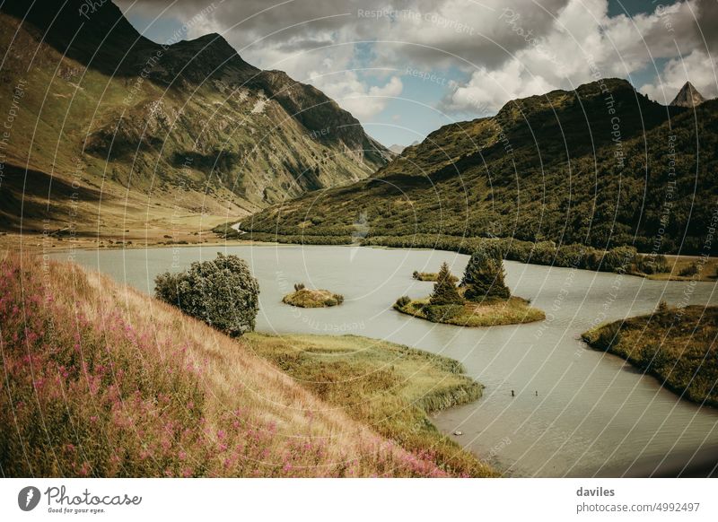 Panoramablick auf den Zeinisbachsee und die Alpenberge in Voralberg, Österreich. Abenteuer Anziehungskraft schön Eiger Europa Blume Griechen wandern See