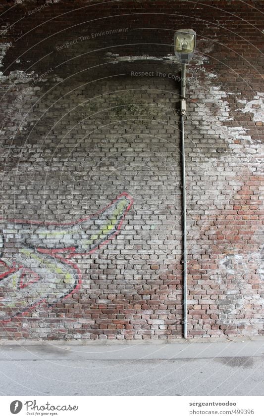 S i Stadt Stadtrand Menschenleer Brücke Tunnel Bauwerk Mauer Wand Straße Straßenlaterne Stein Beton Graffiti alt leuchten dreckig dunkel hässlich kalt trashig