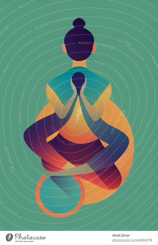 Illustration einer Frau macht Yoga zu entspannen und zu inspirieren. Buntes abstraktes Design, flaches Designkonzept mit feinen Linien. Perfekt für Web-Design, Banner, mobile App, Landing Page.