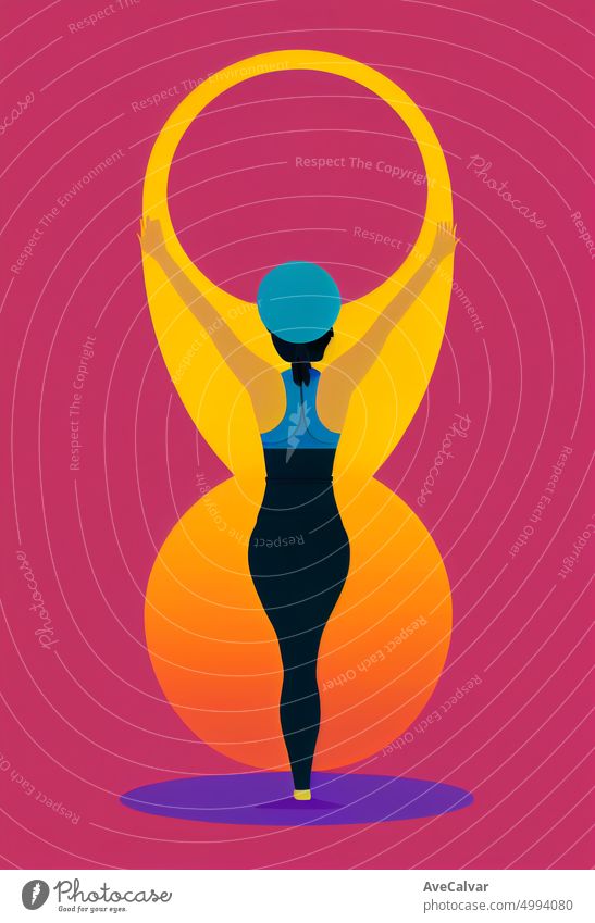 Illustration einer Frau macht Yoga zu entspannen und zu inspirieren. Buntes abstraktes Design, flaches Designkonzept mit feinen Linien. Perfekt für Web-Design, Banner, mobile App, Landing Page.