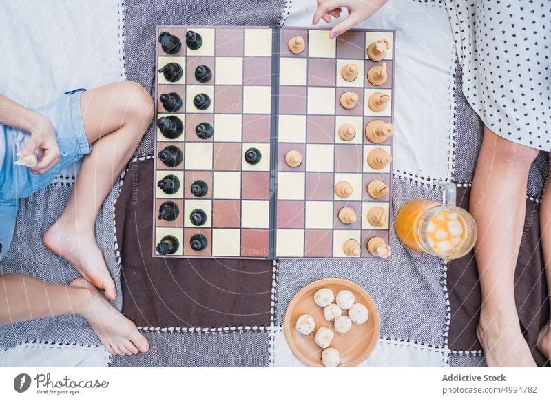 Anonyme Geschwister spielen beim Picknick auf der Wiese Schach auf einem Plaid Geschwisterkind entspannend Sport trinken Biskuit Zeit verbringen Rasen Schwester