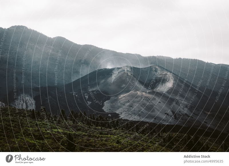 Berge gegen bewölkten Himmel am Morgen Berge u. Gebirge Berghang wolkig Schnee Wald Baum Kamm Natur La Palma Kanarische Inseln Spanien malerisch Landschaft