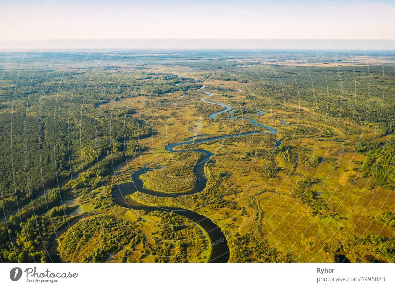 Luftaufnahme Grüner Wald Wälder und Flusslandschaft in sonnigen Sommertag. Top View of Beautiful European Nature From High Attitude In Summer Season. Drone Ansicht. Vogelperspektive Ansicht