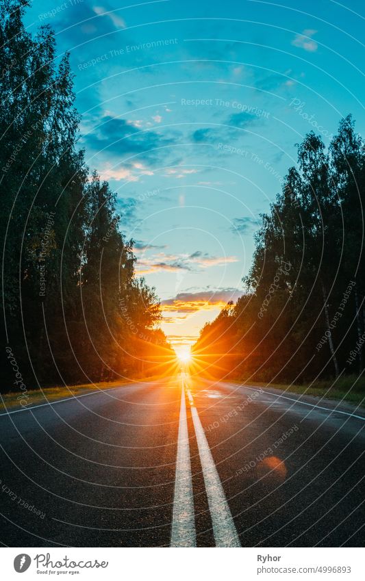 Sun Shine Above Asphalt Land Open Road In Sunny Morgen oder Abend. Offene freie Straße im Sommer oder Herbst Saison bei sonnigen Sonnenuntergang oder Sonnenaufgang Zeit