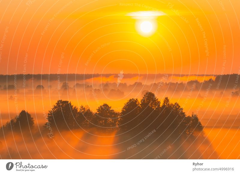 Amazing Sonnenaufgang Sonnenuntergang über neblige Landschaft. Scenic View Of Foggy Morning Sky With Rising Sun Above Misty Forest And River. Frühsommer Natur Osteuropas