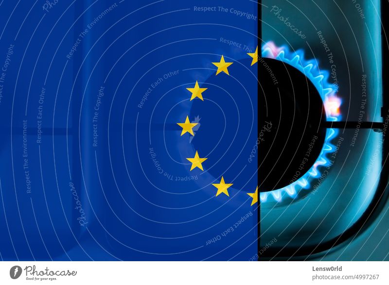 Europäische Union und Gaskrise - EU-Flagge über einem Gaskocher Transparente blau Energiekrise Europa Europäer Fahne Gas-Krise Erdgas Politik Russland Herd