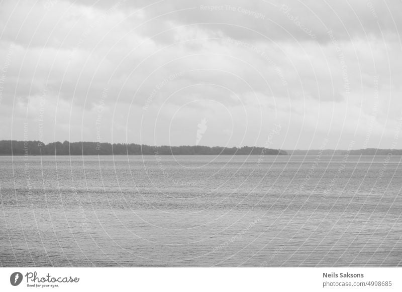 ruhige Oberfläche des Sees, bewölkter Himmel, Wald voraus, schwarz-weiß Kunst Hintergrund Strand schön Schönheit Ast Cloud Küste dunkel Umwelt Belichtung fein