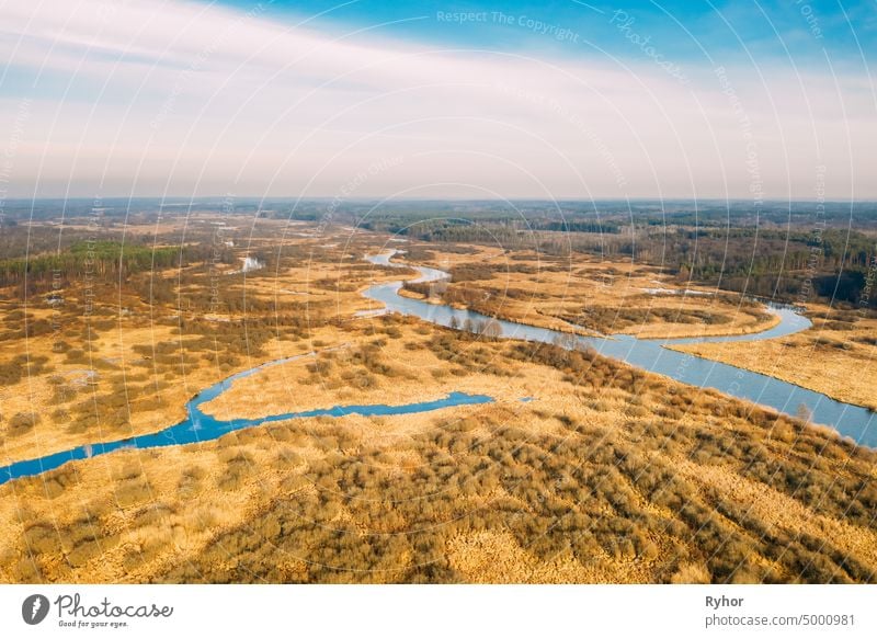 Luftaufnahme von trockenem Gras und teilweise gefrorenen Fluss Landschaft im Spätherbst Tag. High Attitude Ansicht. Sumpf Moor. Drone Ansicht. Ansicht aus der Vogelperspektive