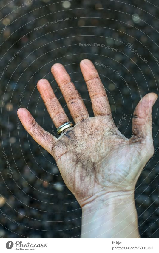 Frau Gärtnerin Aussenaufnahme Hand Handfläche Dreckig Gartenarbeit Erde Ehering Arbeit Schmutz Selbstversorger Anbau Wachstum Handwerk natürlich organisch Natur