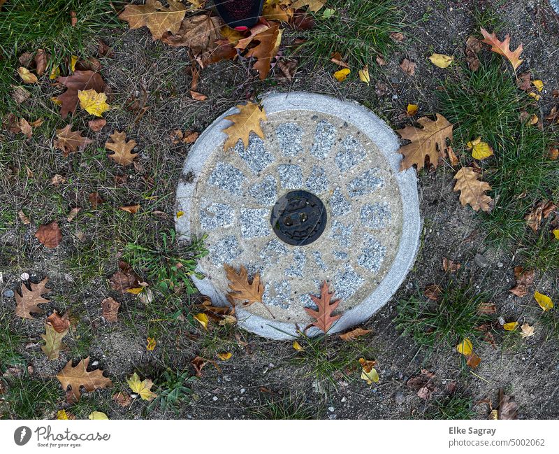 Schachtabdeckung- Gullideckel-manhole cover  Herbstlich Menschenleer Wege & Pfade Strukturen & Formen Pflastersteine Außenaufnahme Kopfsteinpflaster grau