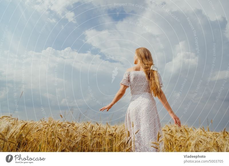 Sommer Frau Porträt in ländlichen Landschaft in Weizenfeld Rücken rustikal Feld Roggen Natur Kleid Mode Lifestyle Windstille künstlerisch Schönheit allein