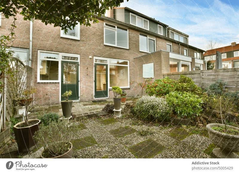 Hinterhof eines Gebäudes mit Pflanzen Terrasse Landschaft Vorstadt ländlich patio Stil Haus Außenseite Tür Eingang Fenster Weg Fußweg Buchse Licht Umwelt Hof