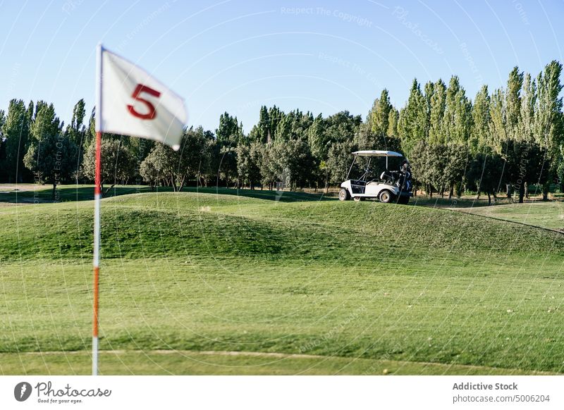 Golfwagen auf grüner Wiese vor üppigen Bäumen Karre Feld Sport Nummer Fahne Natur Umwelt Ökologie Einsamkeit vegetieren Landschaft uneben Gelände Grün klein