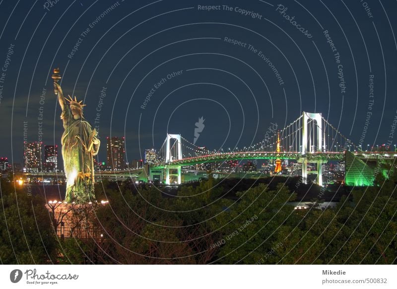 Rainbow Bridge bei Nacht Hauptstadt Skyline Hochhaus Brücke Architektur Romantik Tokyo Japan Freiheitsstatue odaiba HDR Tokyo Tower Farbfoto Außenaufnahme