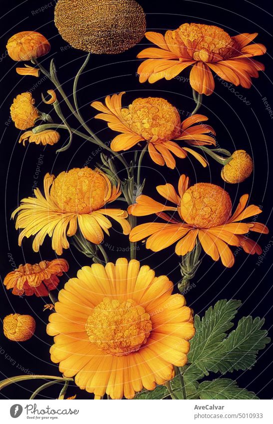 Floral realistische Malerei eines Straußes von Ringelblumen auf dunklem Hintergrund, stimmungsvolle botanische Konzept Wasserfarbe Grafik u. Illustration