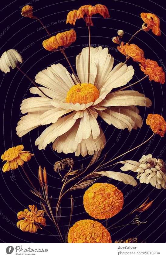 Floral realistische Malerei eines Straußes von Ringelblumen auf dunklem Hintergrund, stimmungsvolle botanische Konzept Wasserfarbe Grafik u. Illustration