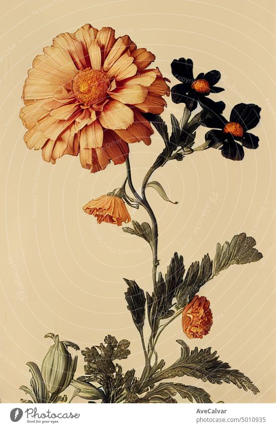 Floral realistische Malerei eines Straußes von Ringelblumen auf dunklem Hintergrund, stimmungsvolle botanische Konzept Wasserfarbe Grafik u. Illustration