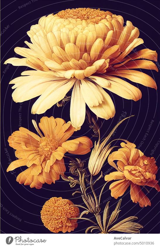 Floral realistische Malerei eines Straußes von Ringelblumen auf dunklem Hintergrund, stimmungsvolle botanische Konzept Wasserfarbe Grafik u. Illustration