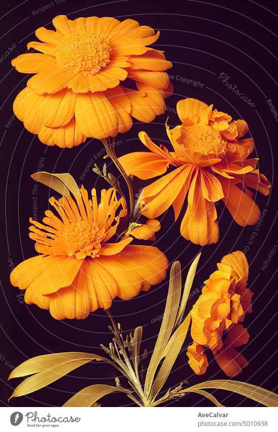 Floral realistische Malerei eines Straußes von Ringelblumen auf dunklem Hintergrund, stimmungsvolle botanische Konzept Wasserfarbe Grafik u. Illustration