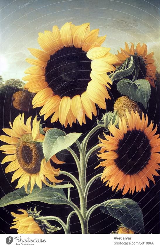 Floral realistische Malerei eines Bündels von Sonnenblumen blühen auf dunklem Hintergrund, stimmungsvolle botanische Konzept. Grafik u. Illustration Clip-Art