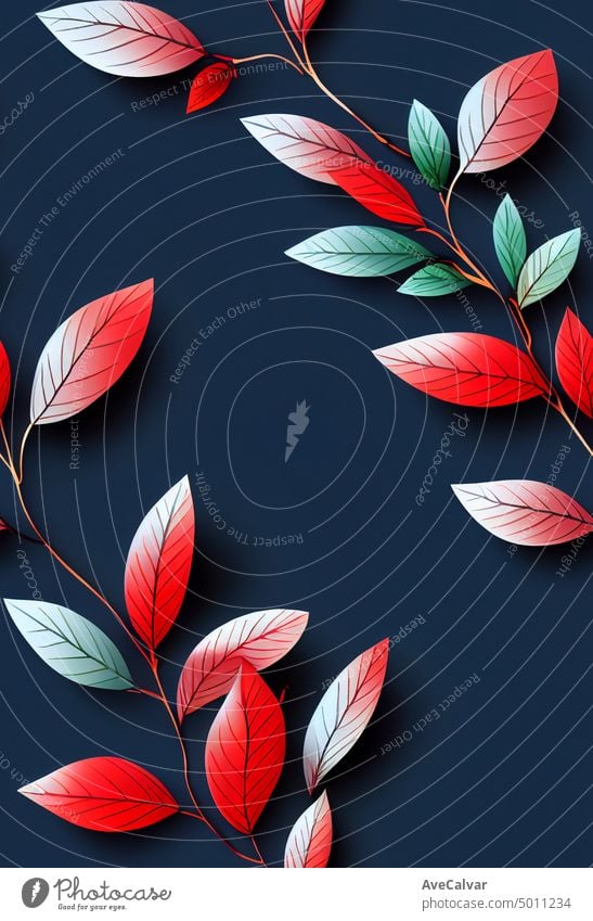 Flacher navyblauer Hintergrund, kleine hellblaue einfache Blattelemente, kleine rote Weihnachtsbeeren Grafik u. Illustration Packpapier gold graphisch