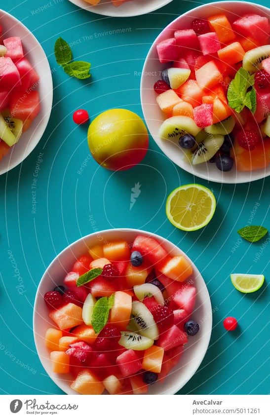 Bunter Obstsalat. Wassermelone und Melonensalat. Frisches Sommeressen. Nahaufnahme Vitamin Banane Erdbeeren sortiert Sehne saftig Kiwi bunt gemischt Pastell