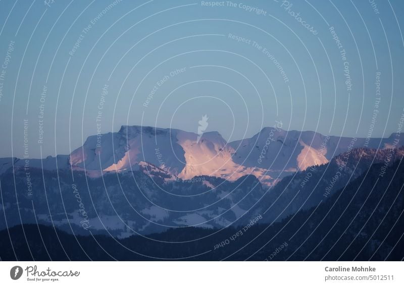 Schneebedeckte Berggipfel werden von den letzten Abendsonnenstrahlen angeleuchtet Berge Gipfel Alpen Berge u. Gebirge Landschaft Natur Felsen Außenaufnahme