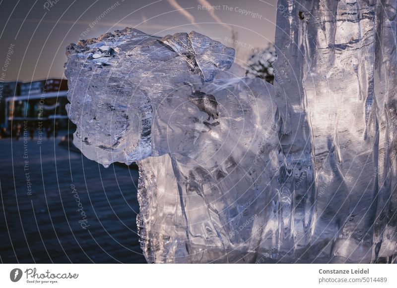 Abendliches Licht scheint durch eine angeschmolzenen Eisskulptur Eisblock Vergänglichkeit Lichtreflexe durchscheinend kalt blau Winter Frost gefroren Wasser