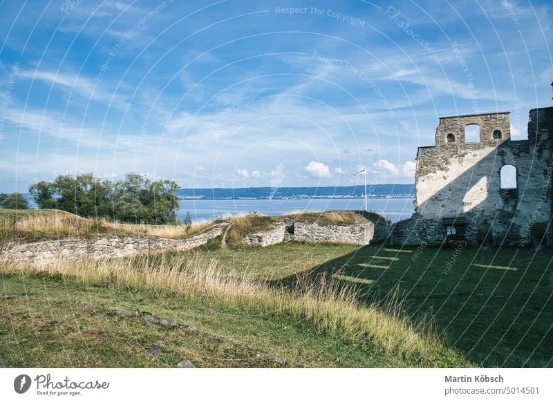 Schloss Visingsborg in Schweden auf der Insel Visingsoe im Vättermersee. Ruine Burg oder Schloss Land Windstille Szene alt Schönheit Wiese sonnig berühmt