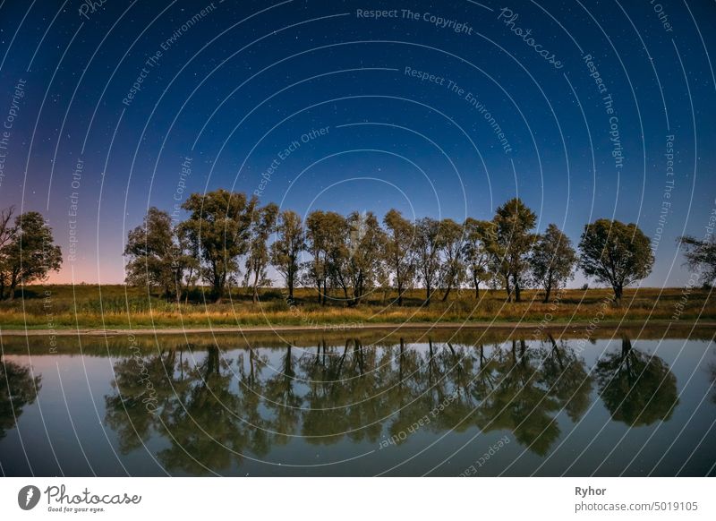 Blue Night Starry Sky Above Lake River. Nacht leuchtende Sterne und Bäume Wälder im Wasser reflektiert. Nacht-Landschaft. Nachthimmel kosmisch sternenklar Sumpf