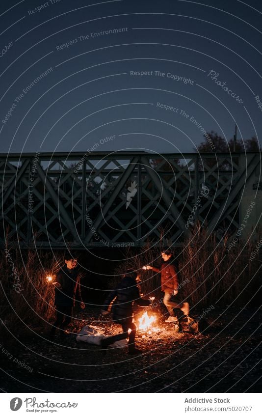 Eine Gruppe junger Freunde zeltet und macht ein Holzfeuer Feuer Camping Schönheit Mädchen Menschengruppe Licht Feiertag im Freien Lager sich[Akk] entspannen