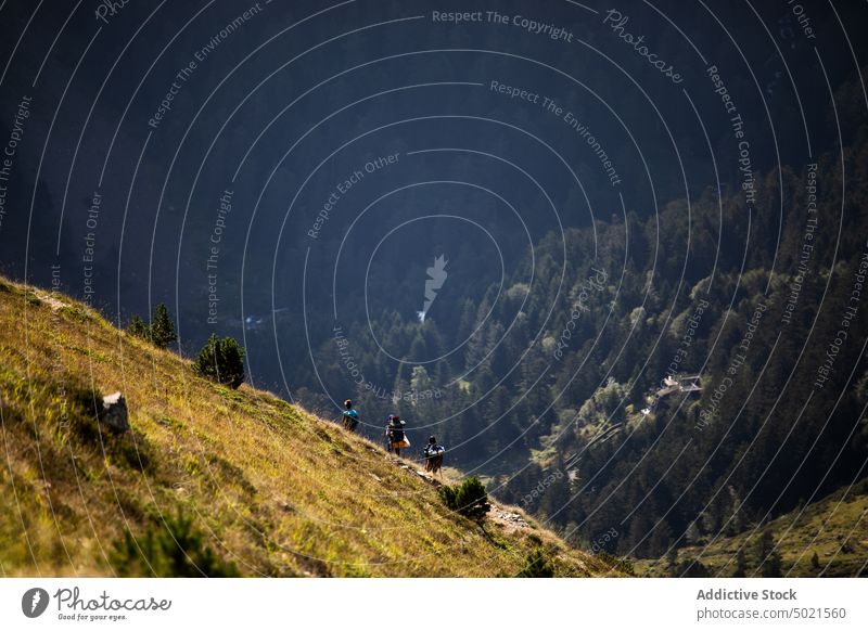 Gruppe von Bergsteigern beim Wandern am Hang im sommerlichen Hochland Reisender Berge u. Gebirge Aufstieg Natur Sommer Landschaft grün Abenteuer Hügel Wanderung