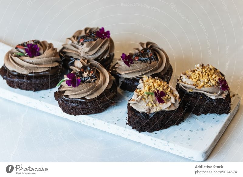 Süßes Biskuitgebäck mit Schlagsahne auf dem Tisch Schwamm Kuchen gepeitscht Sahne Dessert Veganer Schokolade Bäckerei dienen süß Leckerbissen Blume Garnierung