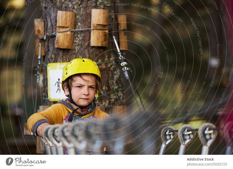 Junge auf Seilbrücke im Abenteuerpark Brücke Baum Wald Park Wochenende Sommer Gleichgewicht Kind Aktivität Suspension Hobby behüten Schutzhelm Kindheit Weg