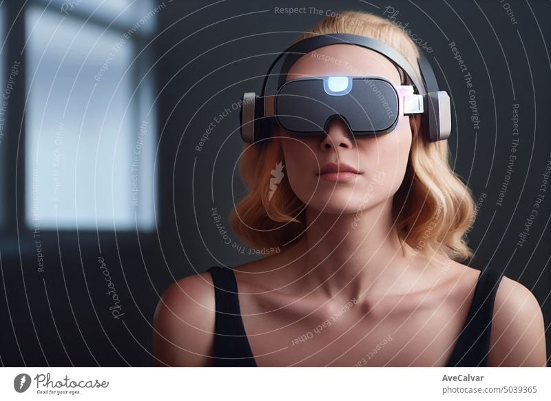 Eine blonde Frau, die ein VR-Headset trägt, um das zukünftige Metaverse zu erkunden. Verbindungskonzept, Kopierraum Person Technik & Technologie horizontal