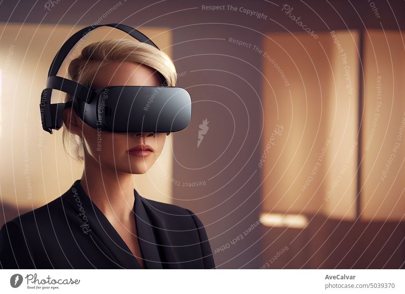 Eine blonde Frau, die ein VR-Headset trägt, um das zukünftige Metaverse zu erkunden. Verbindungskonzept, Kopierraum Person Technik & Technologie horizontal