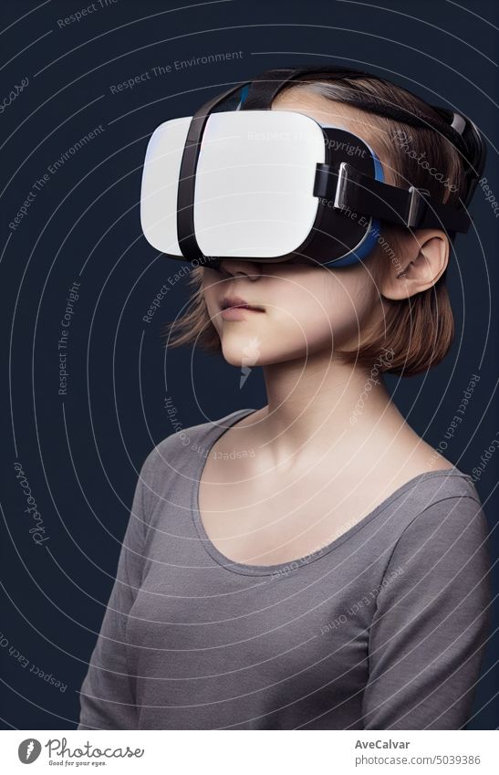 Junges Kind mit VR-Headset, Studioporträt, kinematisches Licht Person futuristisch Schutzbrille Realität Gerät Blick Technik & Technologie 3d Staunen Cyberspace