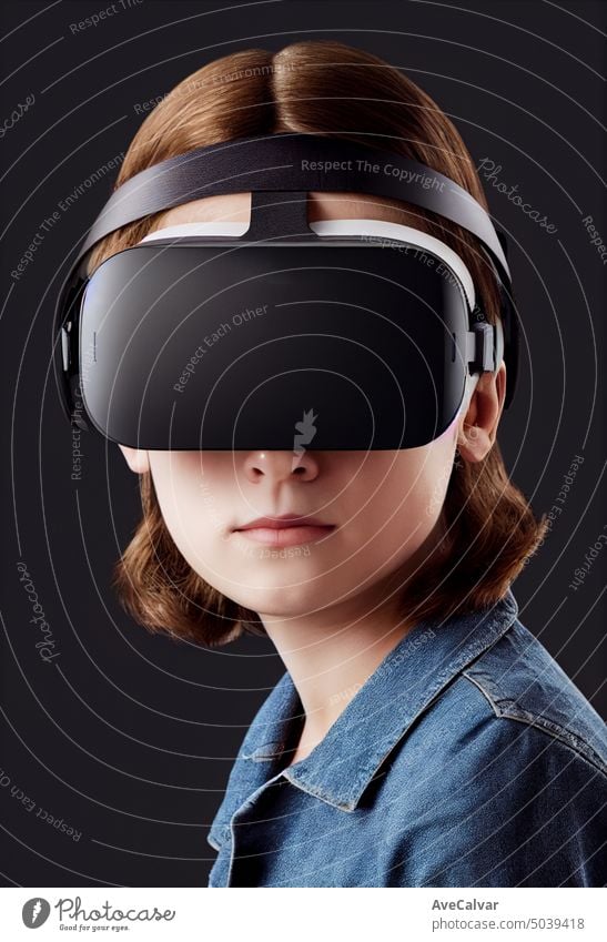 Junge Frau mit VR-Headset, Studio-Porträt, kinematisches Licht. modernes Leben, Technik & Technologie Entertainment Schutzbrille horizontal im Innenbereich