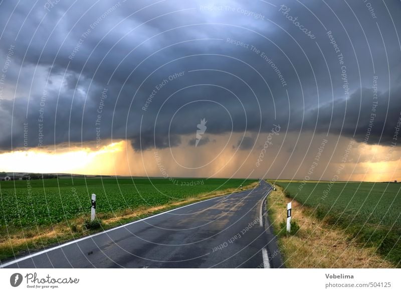 Landstraße bei Gewitter Landschaft Wolken Gewitterwolken Wetter schlechtes Wetter Unwetter Feld Verkehr Verkehrswege Straßenverkehr Autofahren bedrohlich nass