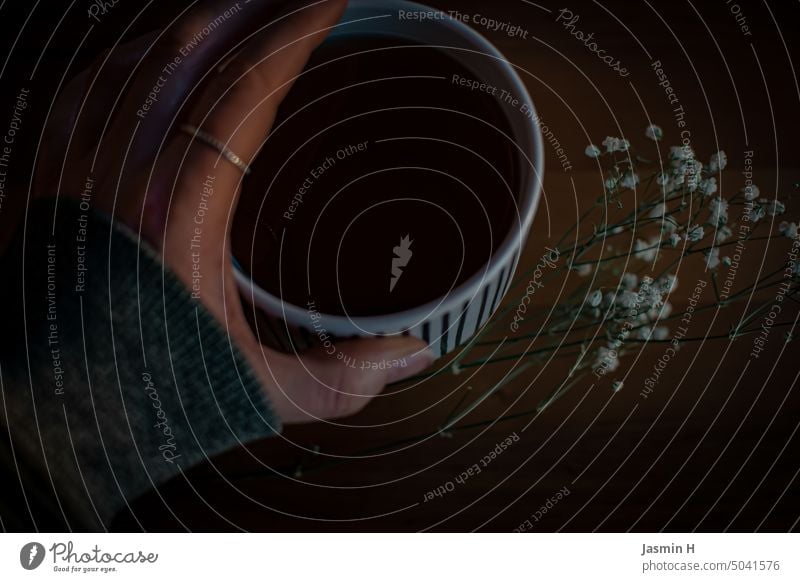 Tasse Tee Hand Schleierkraut Becher Heißgetränk Getränk Farbfoto Erholung genießen Innenaufnahme teatime Pause ruhig Lifestyle Gesundheit selfcare gemütlich